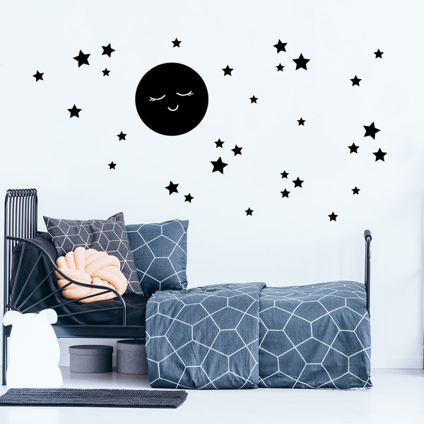 Sleepy Moon and Stars Wall Stickers - Neutral Nursery Moon & Stars Wall Decals