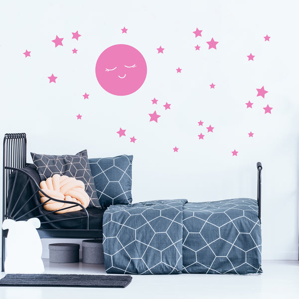 Sleepy Moon and Stars Wall Stickers - Neutral Nursery Moon & Stars Wall Decals