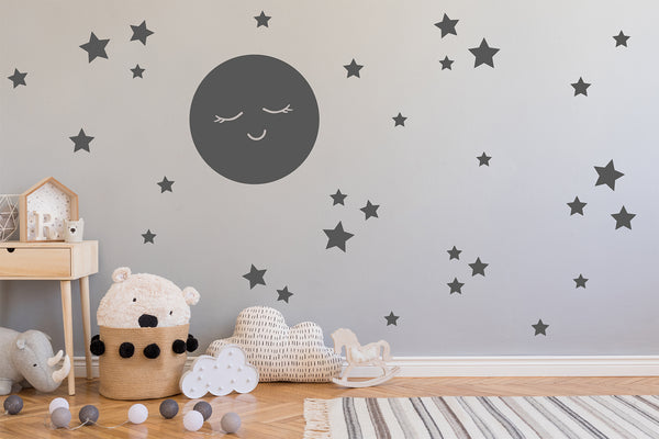 Sleepy Moon and Stars Wall Stickers - Neutral Nursery Moon & Stars Wall Decals