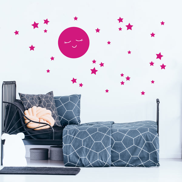 Sleepy Moon and Stars Wall Stickers - Neutral Nursery Moon & Stars Wall Decals