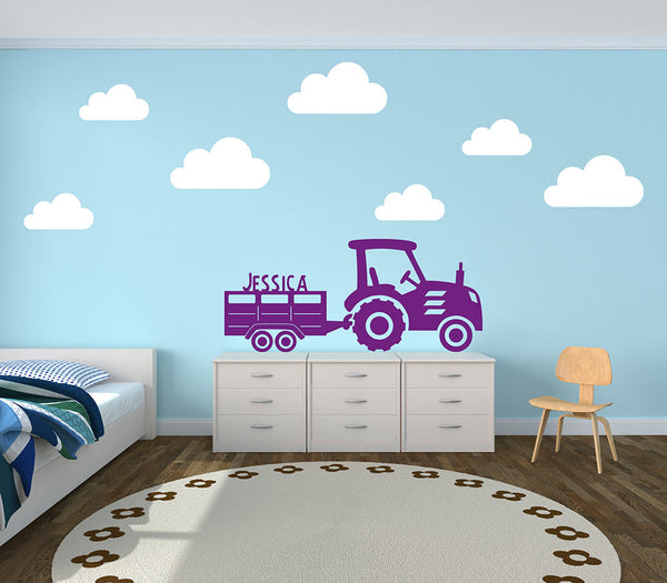 Personalised Tractor and Trailer with Clouds Farm Yard Wall Stickers