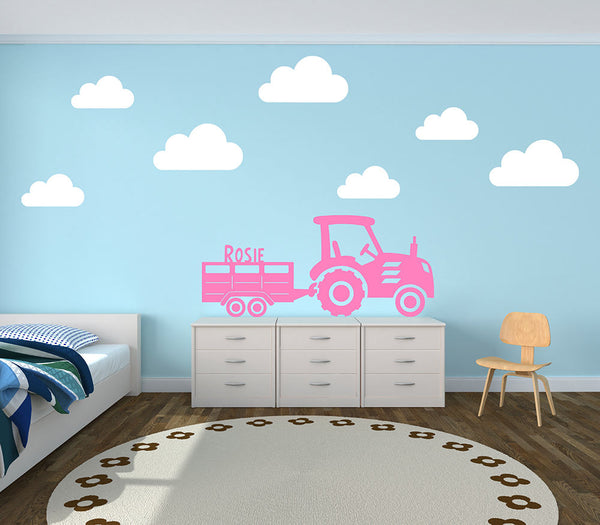 Personalised Tractor and Trailer with Clouds Farm Yard Wall Stickers