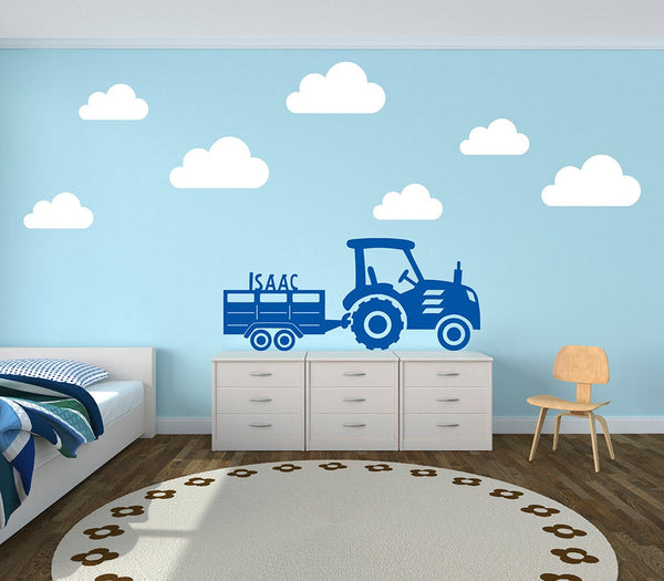 Personalised Tractor and Trailer with Clouds Farm Yard Wall Stickers