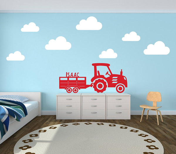 Personalised Tractor and Trailer with Clouds Farm Yard Wall Stickers